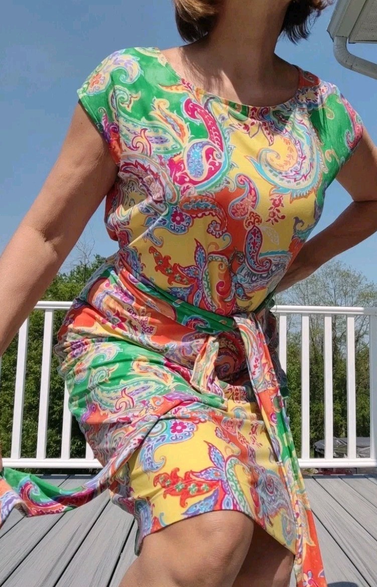 LAUREN RALPH LAUREN SZ L/G Bright Colors Belted Stretchy Sheath Jersey Dress