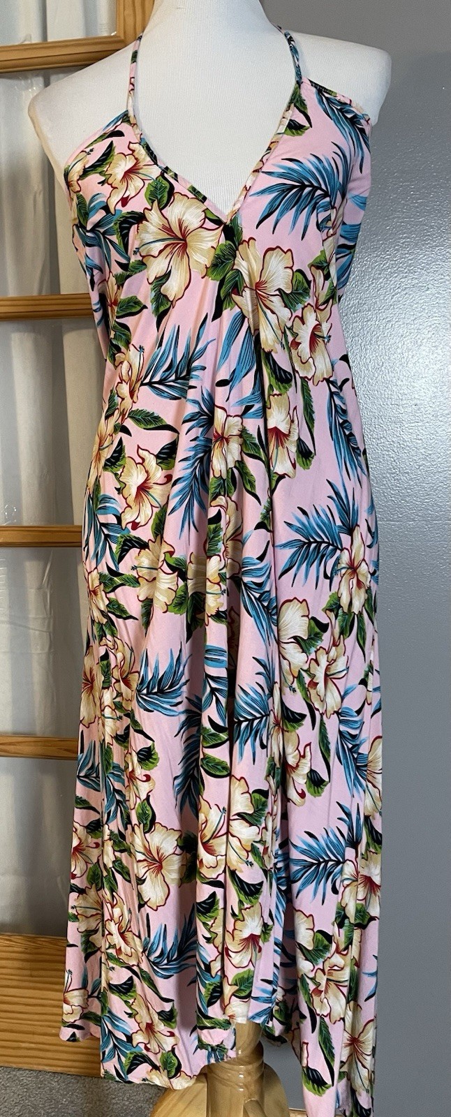 Vintage Handmade Hawaiian Dress Sz M Blue Pink Halter Neck Backless Beach Resort