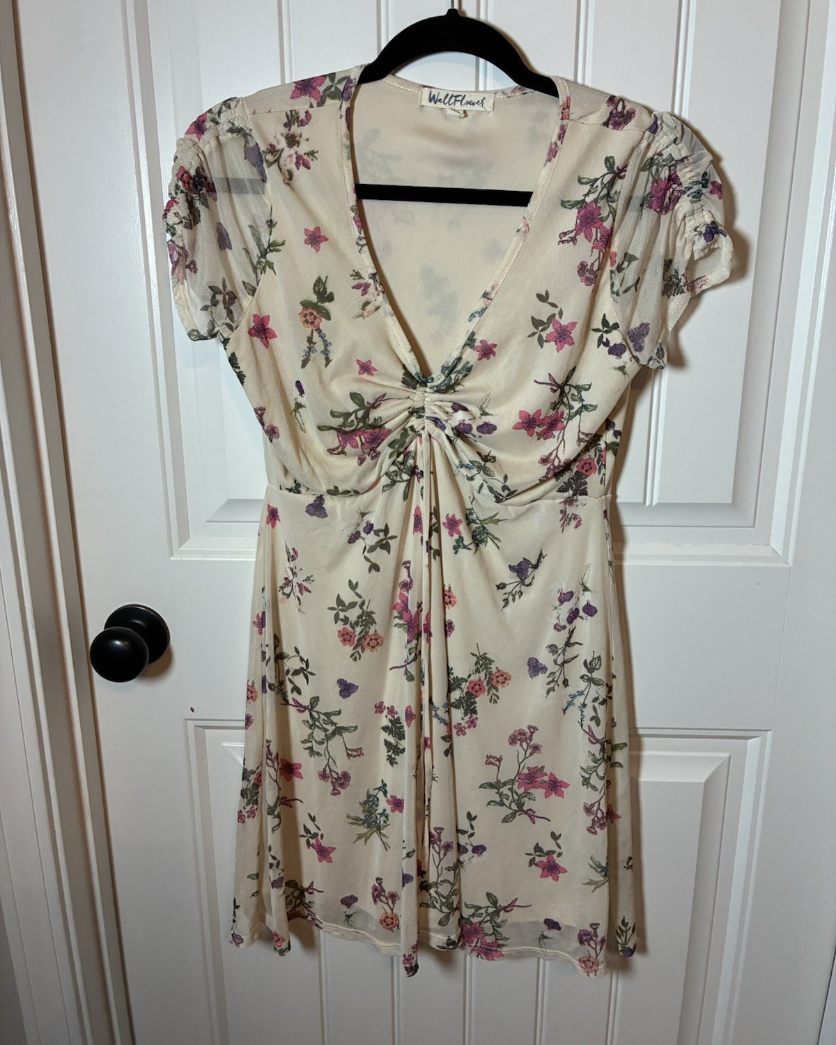 WallFlower Beige Floral Chiffon A-Line Dress V-Neck Cap Sleeve Knee L