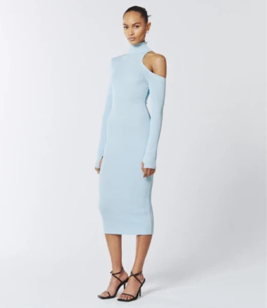 Asymmetric One-Shoulder Cutout Knitted Midi Long Sleeves Dress in Baby Blue