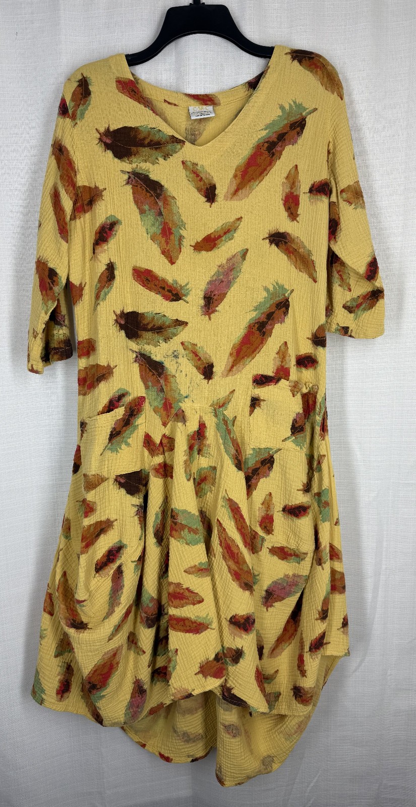 CMC Dress Yellow Feather Color Me Cotton Lagenlook Balloon Hem Pockets Size M
