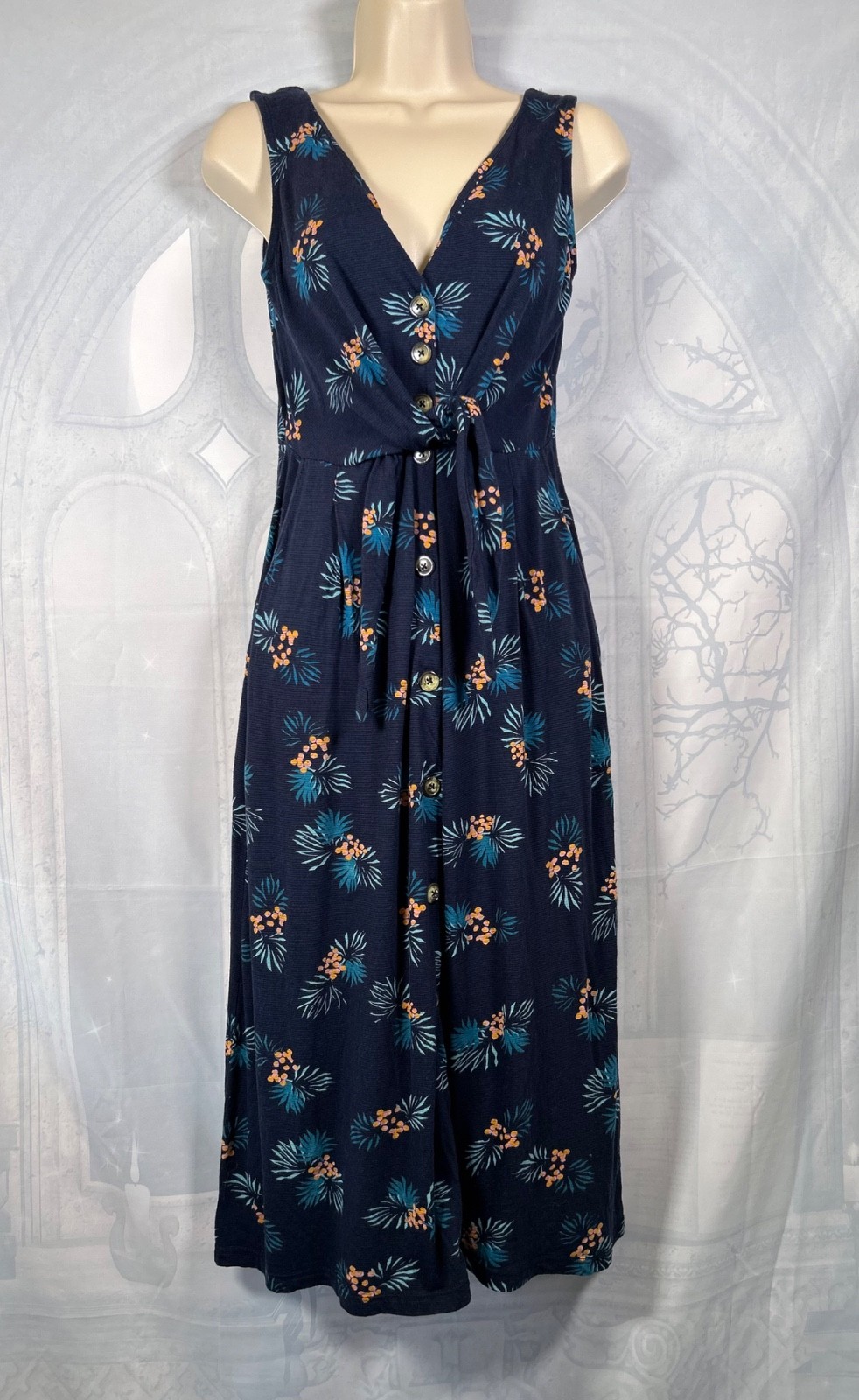 Monsoon navy blue floral ribbed jersey sleeveless tie-front midi dress, S / 6-8