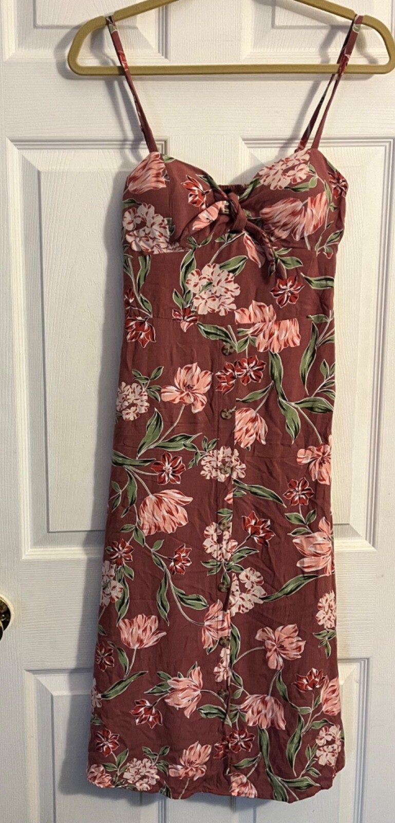 As U Wish Brown Floral Spaghetti Strap Elastic Back Sun Dress Womens Medium