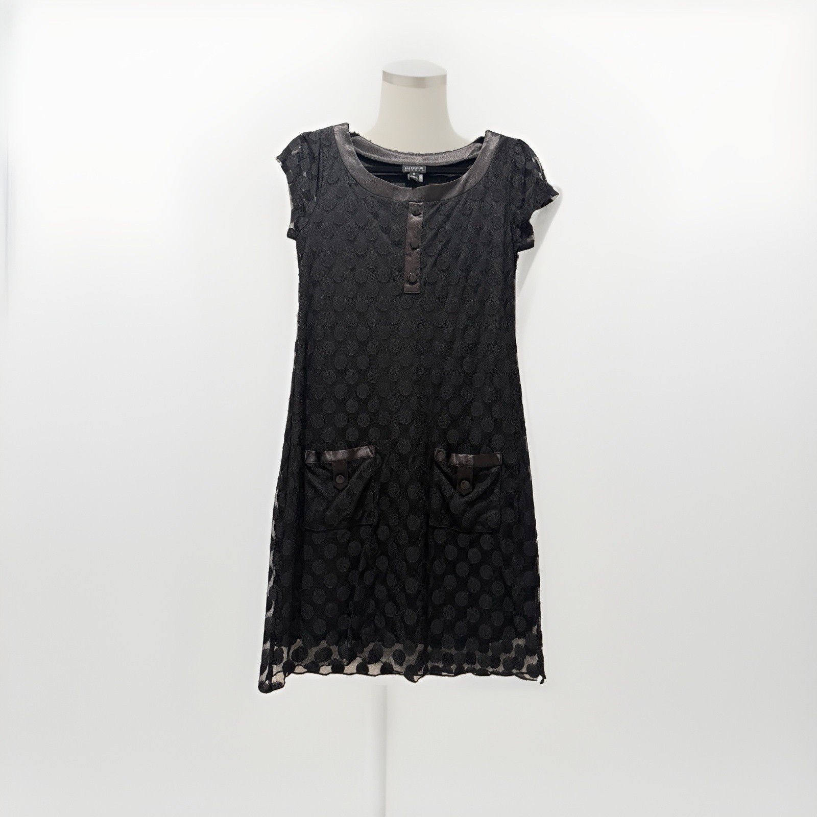 En Focus Studio Black Polka Dot Shift Dress 8 Chiffon Pockets Button