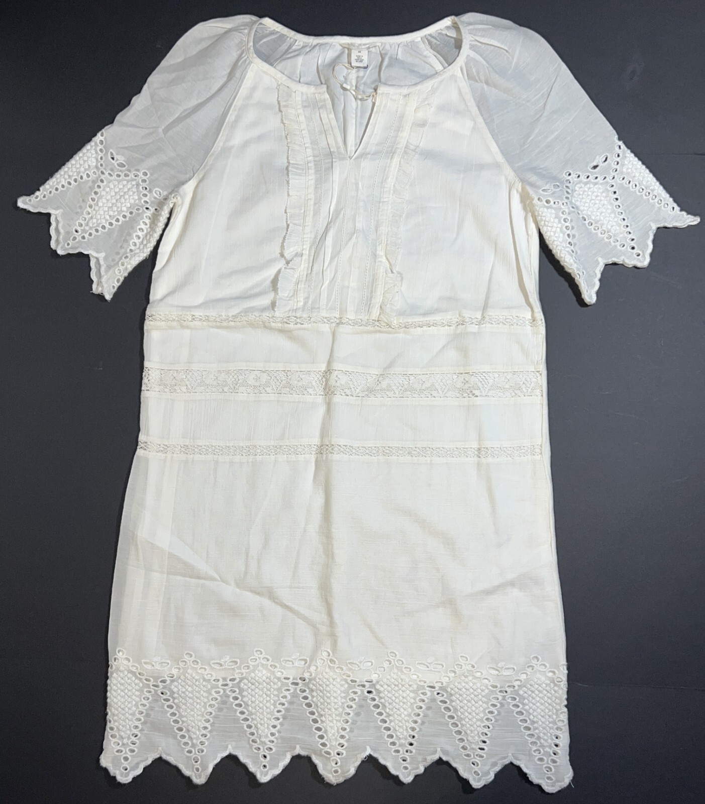 Caslon White Boho Eyelet Embroidered Lace Ruffle V-Neck Lined Dress Scalloped XS