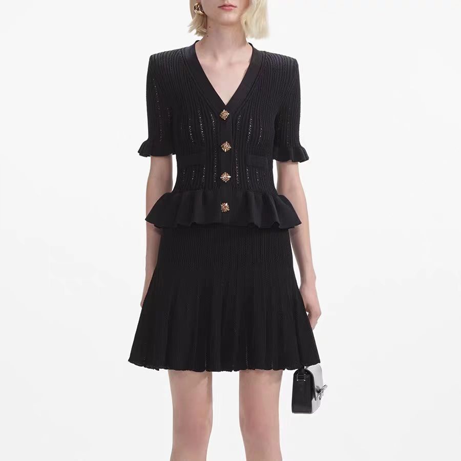 Self Portrait black V-neck Hollow out Short sleeve selvedge Knitted dress Women