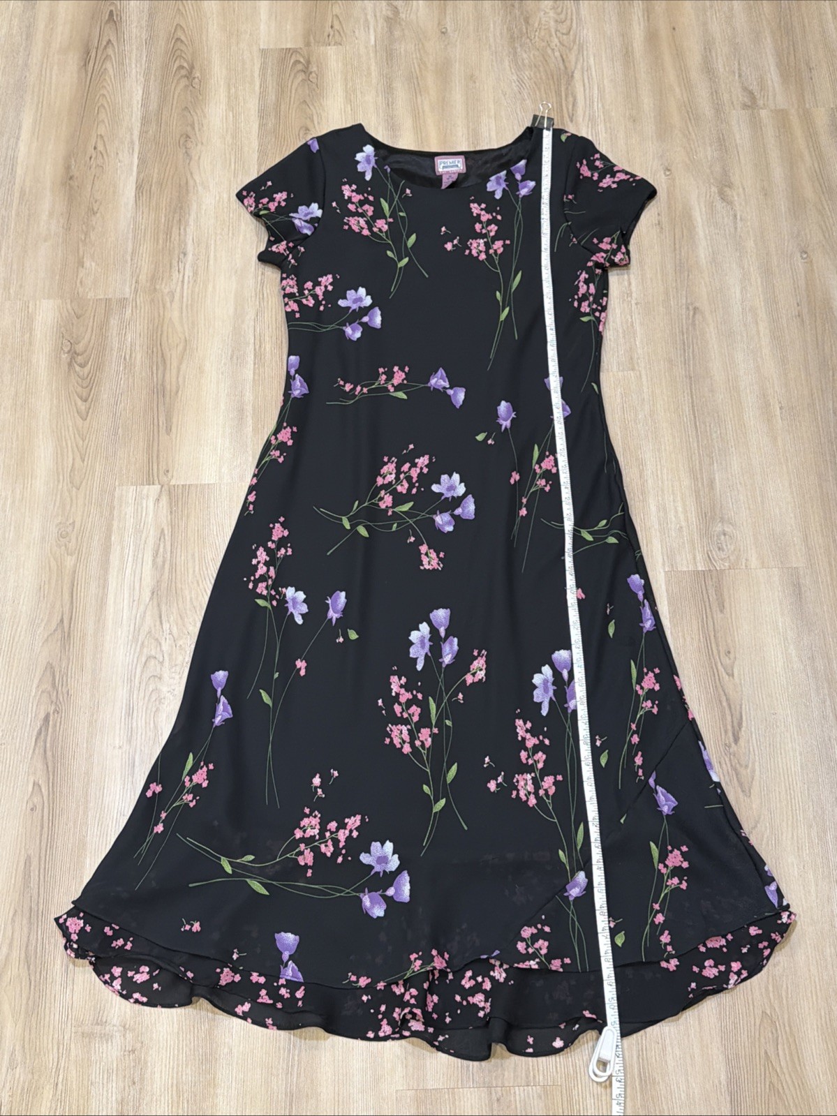 Premier International Floral Midi Dress M 10-12 Black A-Line Sheer Overlay Y2K