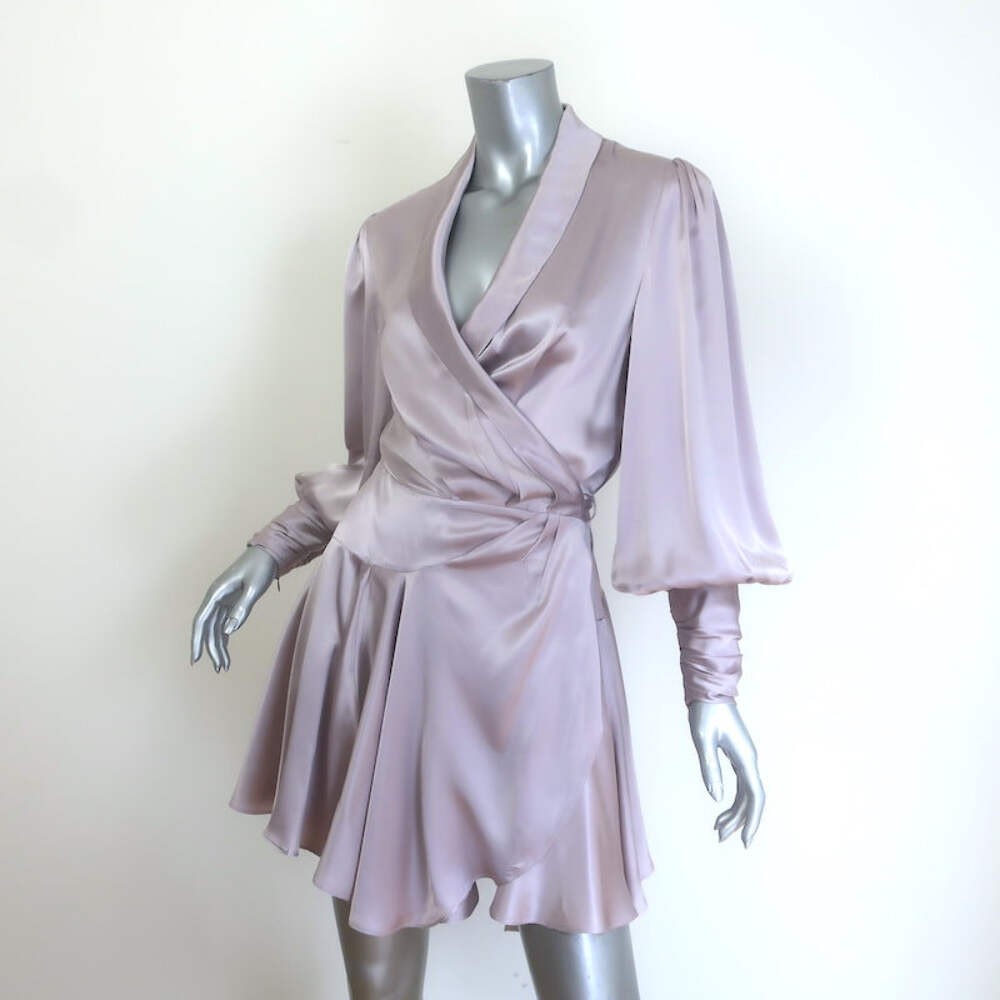 Zimmermann Blouson-Sleeve Mini Wrap Dress Lavender Silk Satin Size 2