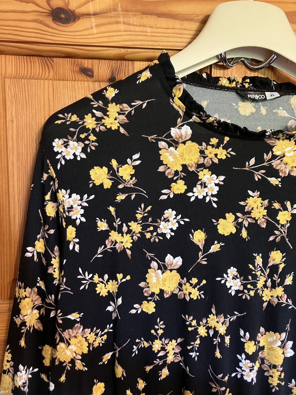 Black With Yellow Floral Pattern Knee Length Dress, XL by Pep&Co Long Sleeve
