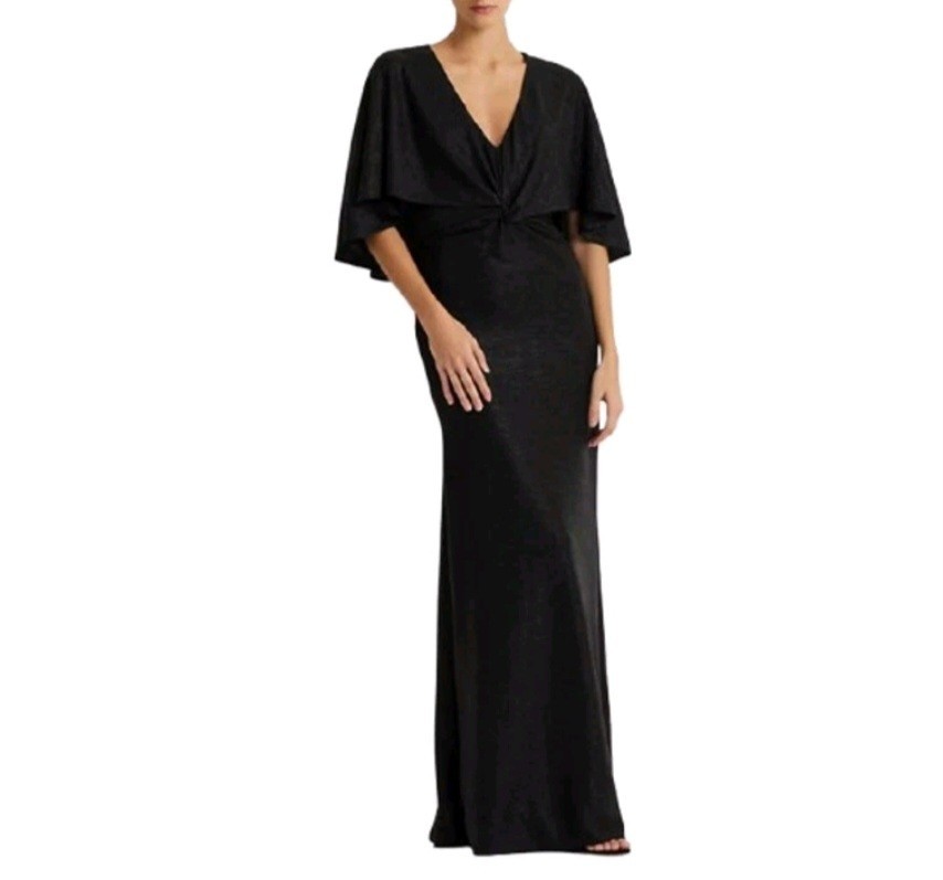 LAUREN RALPH LAUREN Twist-Front Cape Gown Size -8 Black Metallic Long Dress