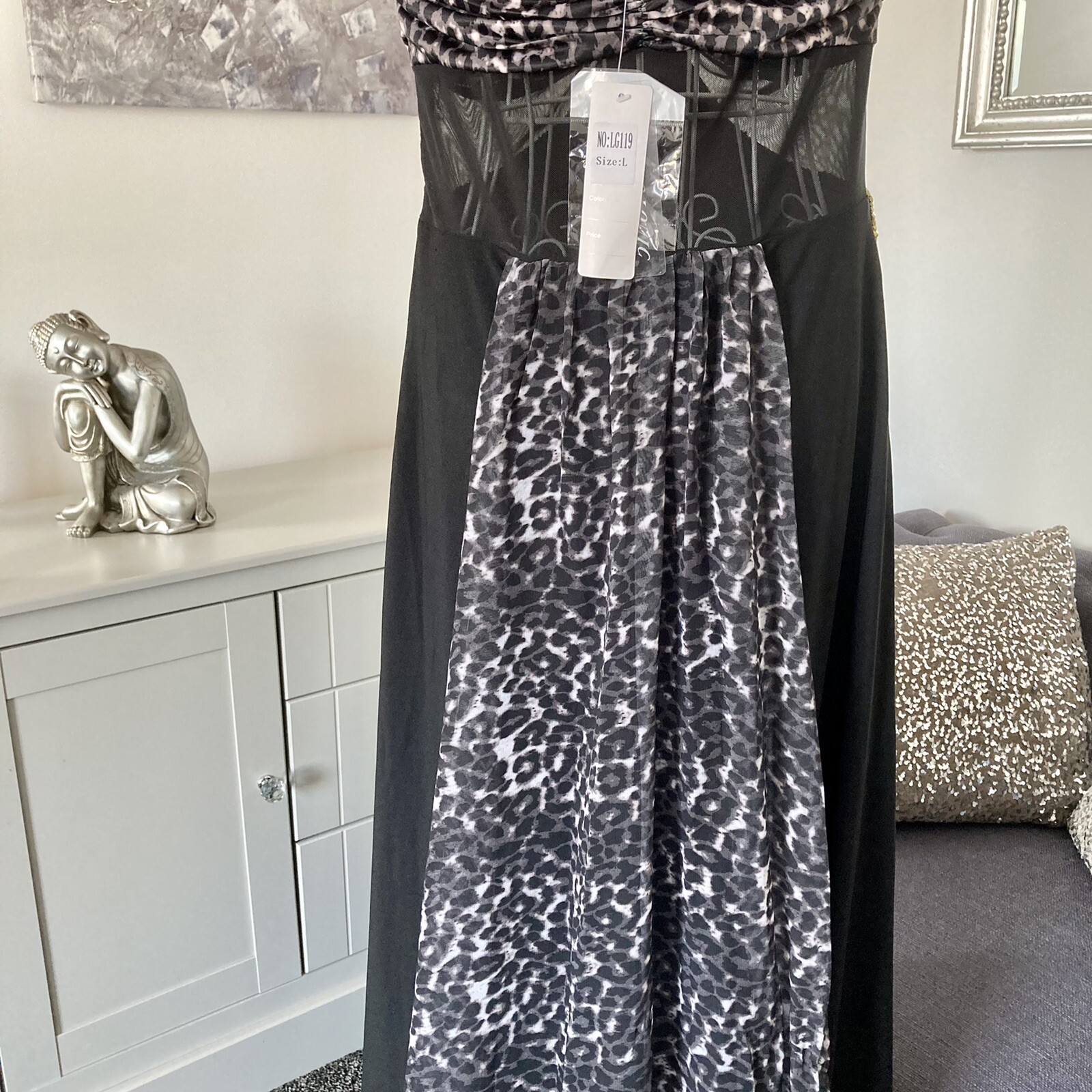Grey Black Leopard Print Halter Prom Ball Cocktail Occasion Maxi Dress S 8-10