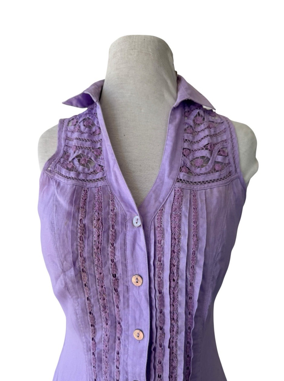Vtg 70s Frixio Embroidered Lavender Guayabera Shirt Dress Sz 8 Ramie Cabana