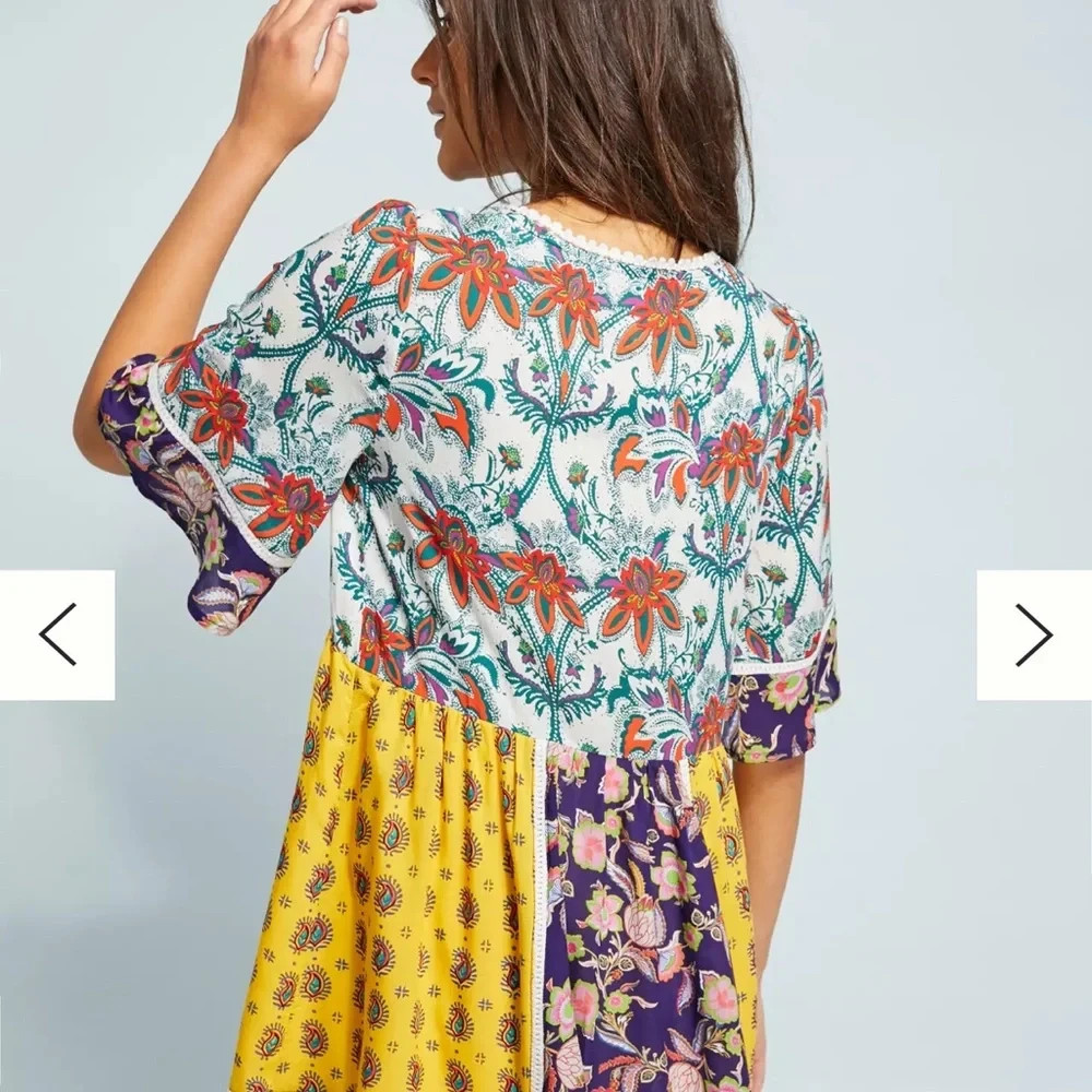 Anthropologie PATCHWORK TRAPEZE MINI DRESS Lilka Babydoll cottage core yellow XL