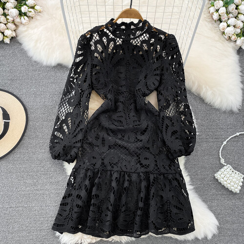 Women Puff Long Sleeve Ruffle Lace Midi Dress Hollow Out Retro Elegant New Dress