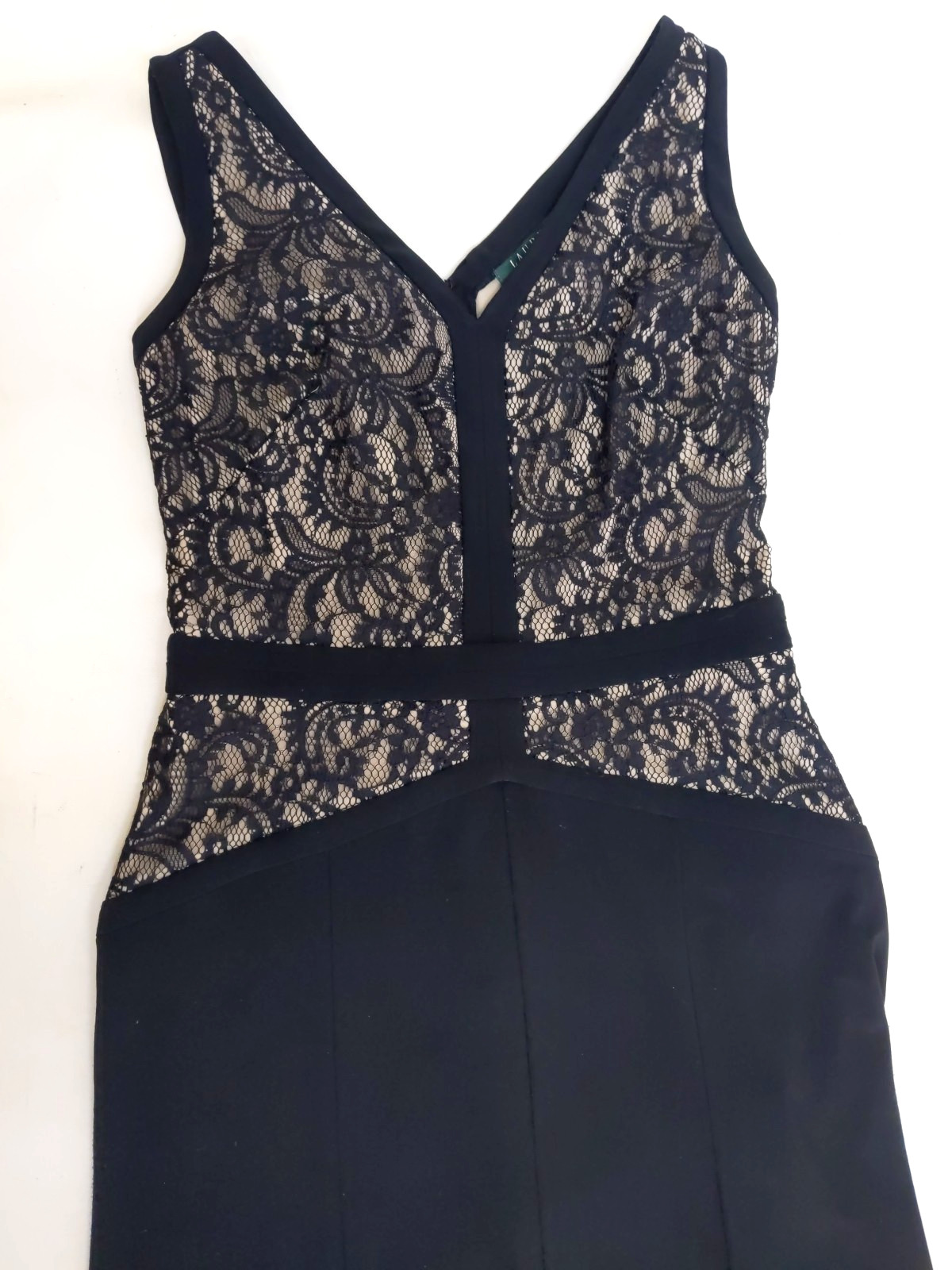$225 LAUREN RALPH LAUREN 6 Dress Black Evening Lace Maxi Stretch Jersey