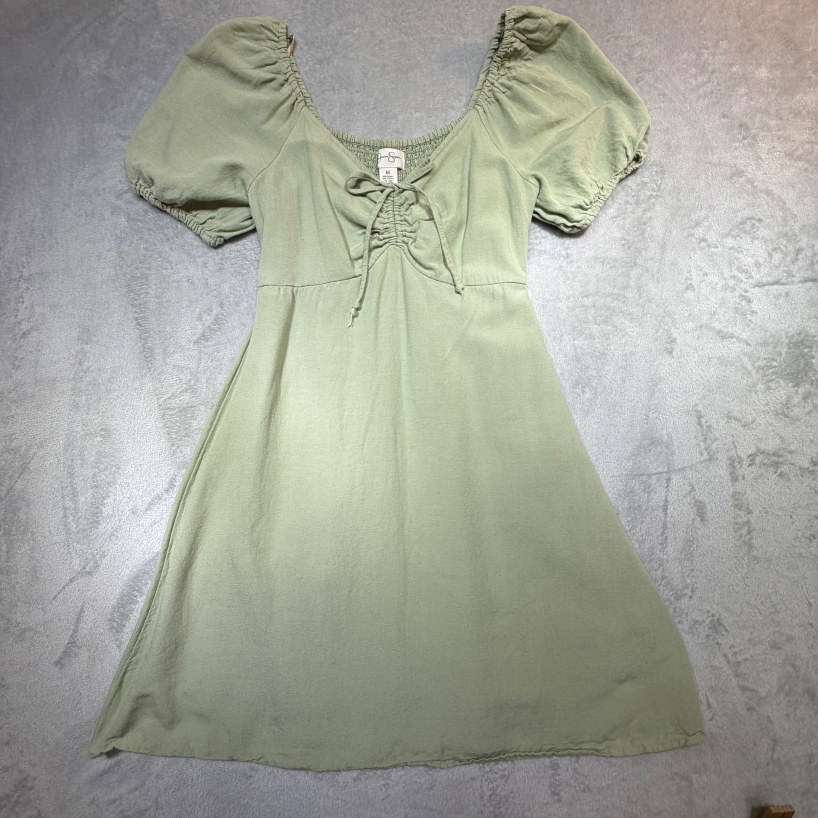 Jessica Simpson Sage Green Puff Sleeve Linen Blend Mini Dress Size M Boho