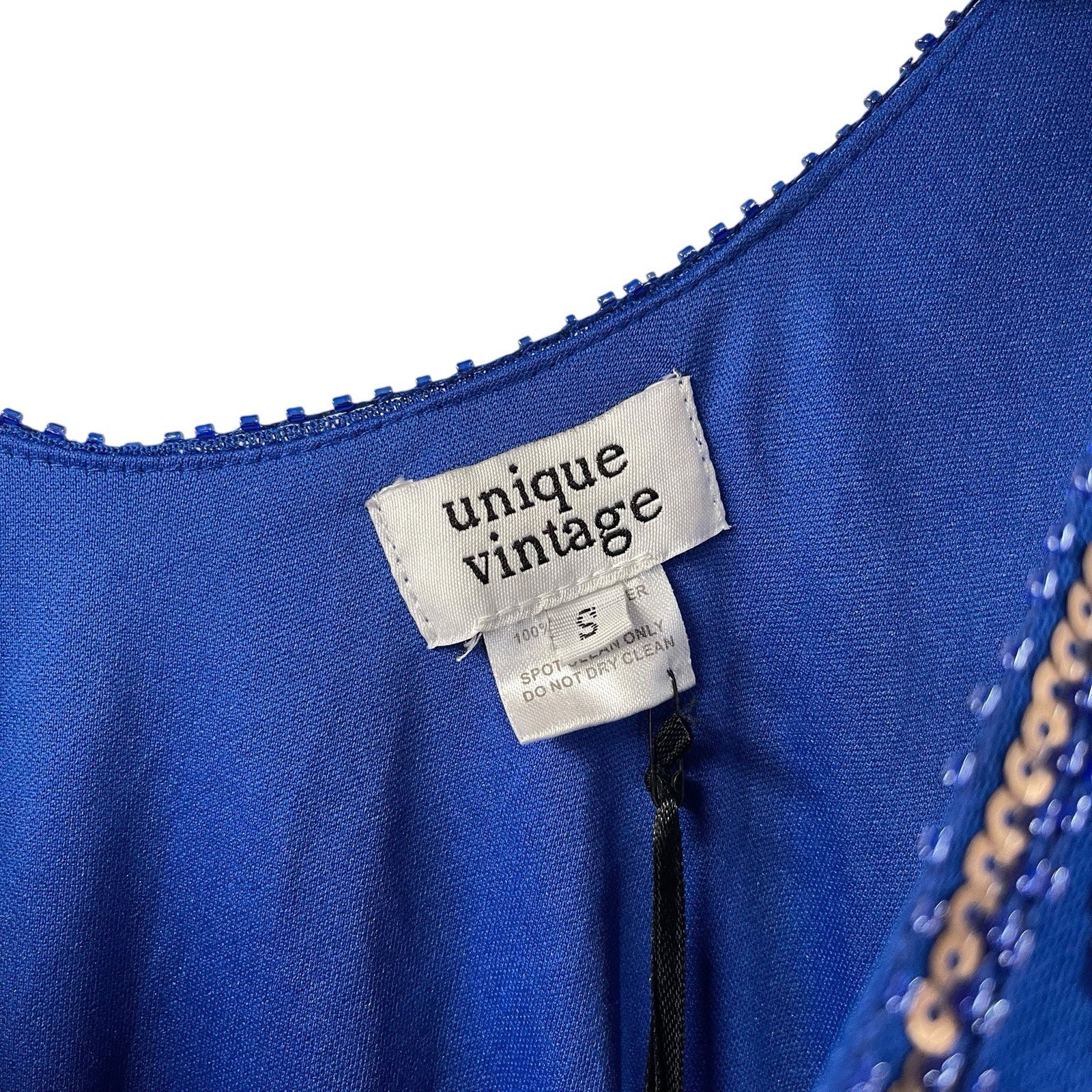 Royal Blue Beaded Sequin Fringe Mini Dress S Unique Vintage Ornate Gatsby