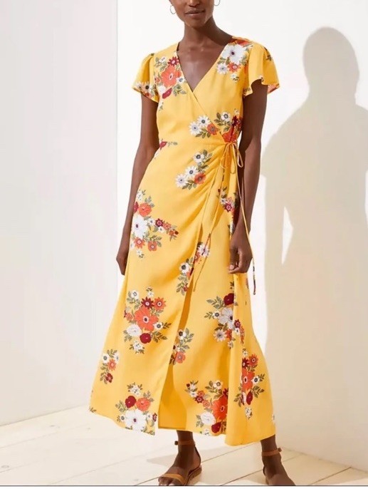 LOFT Women Sz XS-Beach Tropical Floral Flowy Wrap Dress-Yellow-796