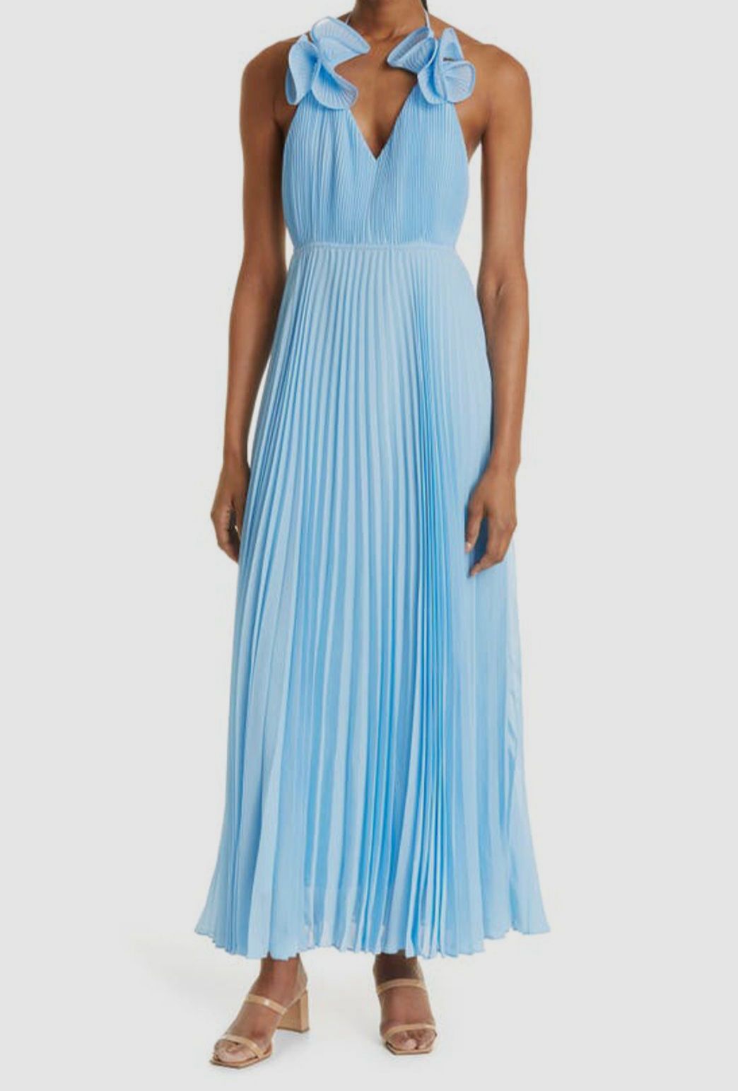 $595 Milly Women’s Blue Ruffled Shoulder Pleated Halter A-Line Dress Size 6