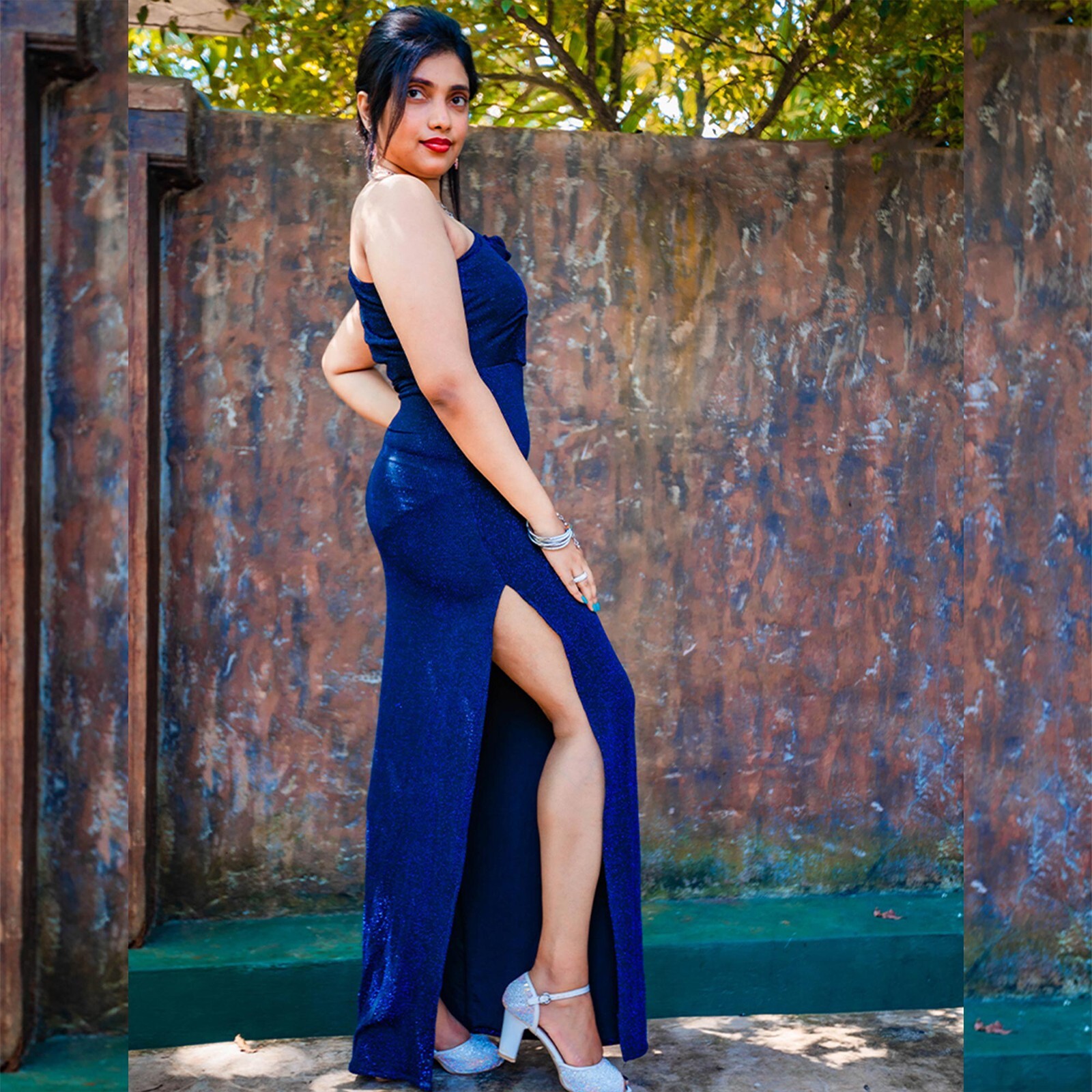 Everly – Blue One Shoulder Long Glitter Party Dress | Handmade in Sri Lanka