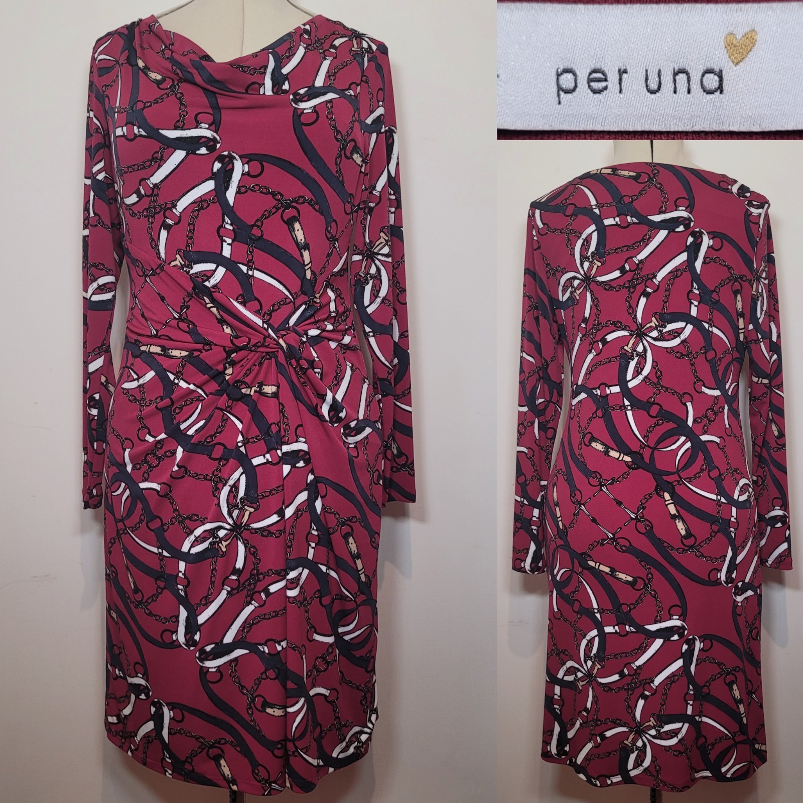 Per Una M&S Dress Burgundy Chain Belt Pattern Cowl Neck Strech Size 14