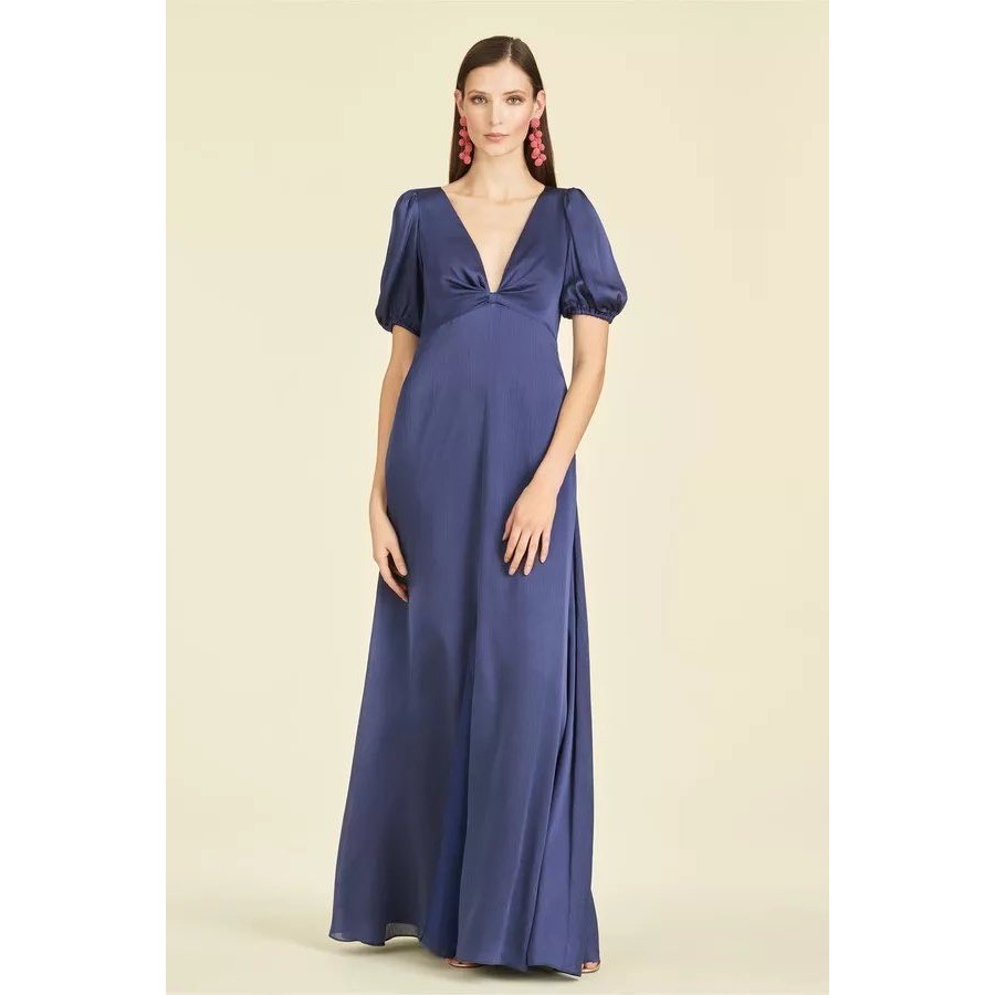 Sachin & Babi Alli Gown Deep Cobalt Blue Satin Puff Sleeve Maxi Dress Size 2 NEW