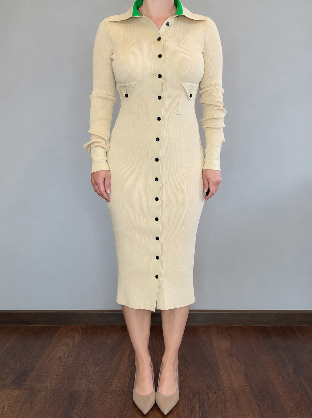 Bottega Veneta Spring 2020 Ribbed Silk Blend Midi Dress Size S Beige Italy