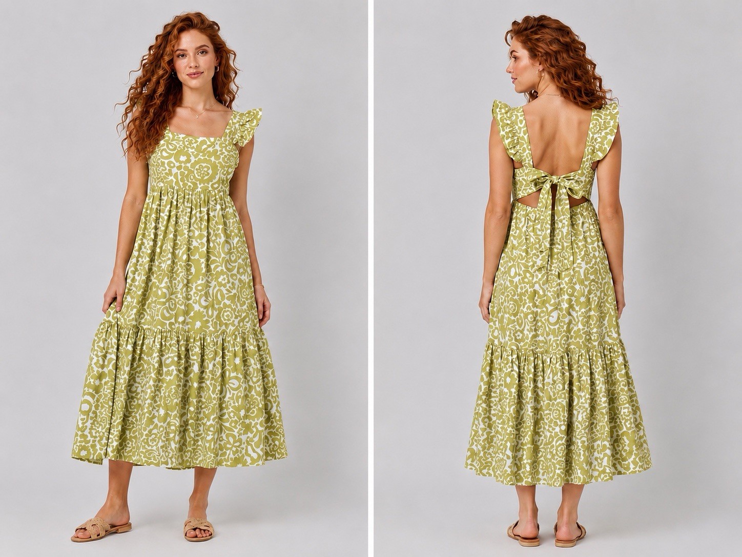 Chartreuse Boho Floral Cotton Midi Dress S Open Bow Back Ruffled Cottagecore NWT