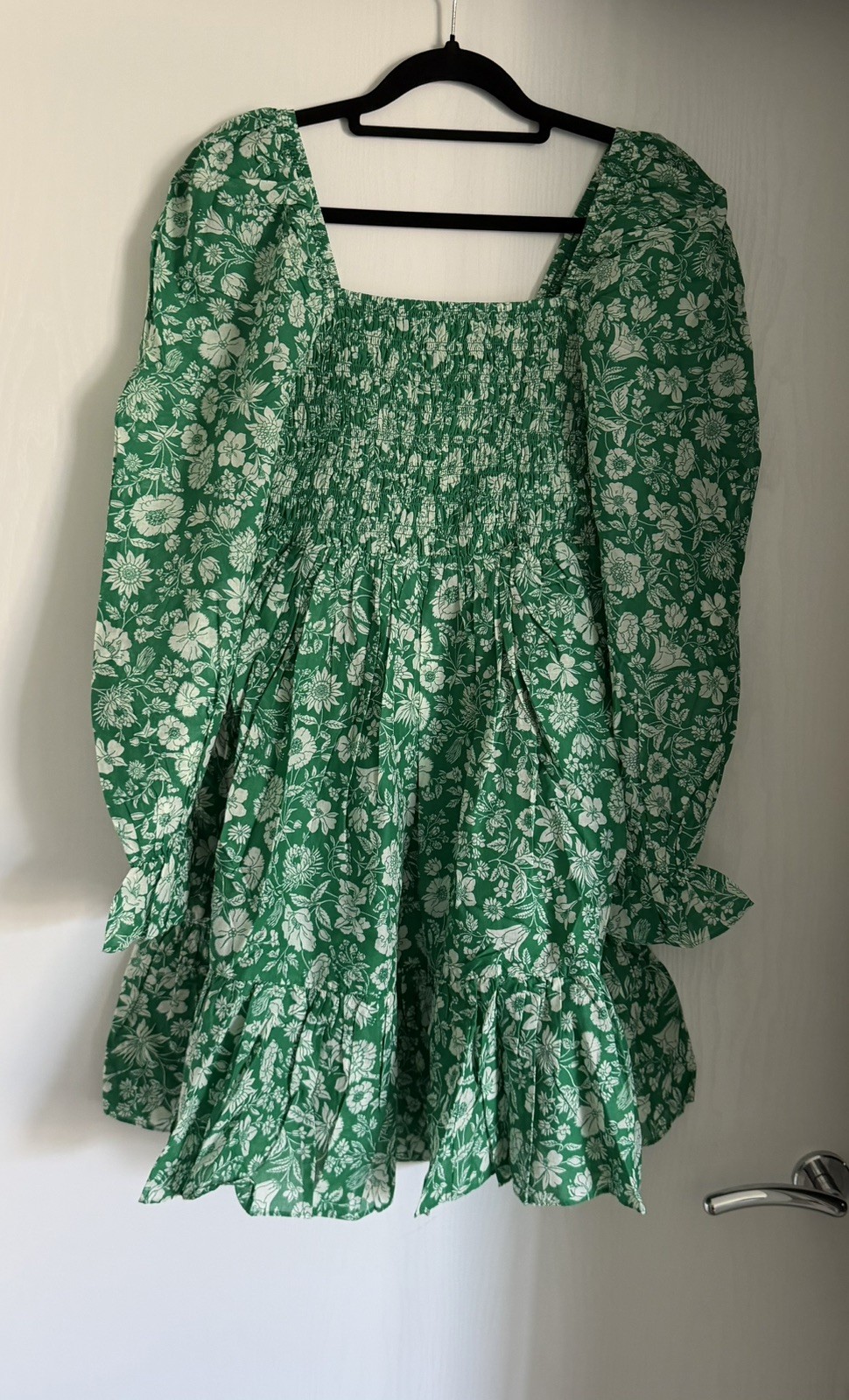 & Other Stories Smocked Mini Dress Ruche Bodice Green Floral Print Size 6 NEW