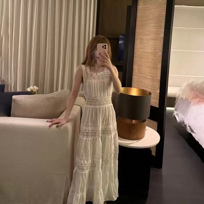 DOEN Spring/Summer Square Collar Lace Splicing Waist Sleeveless Dress