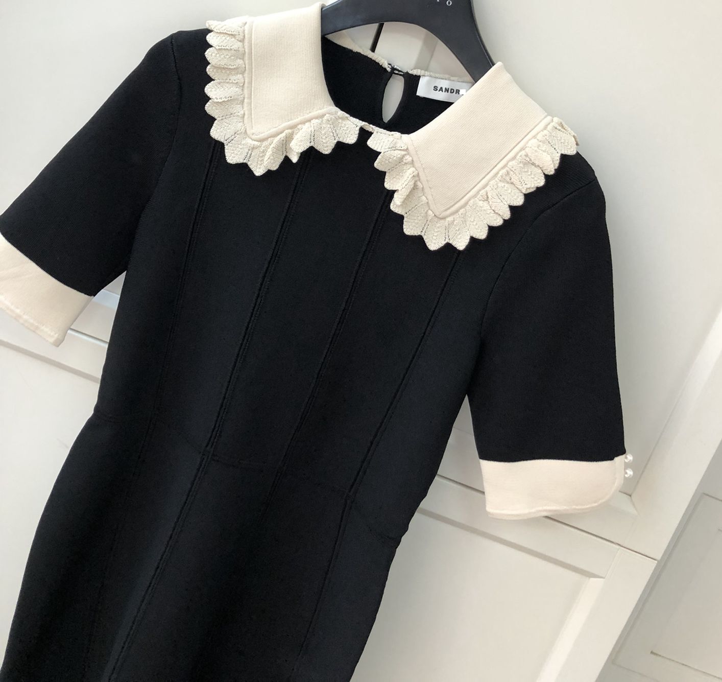 Sandro Lace Collared Pearl Embellished Sleeve Slit Hem Mini Dress