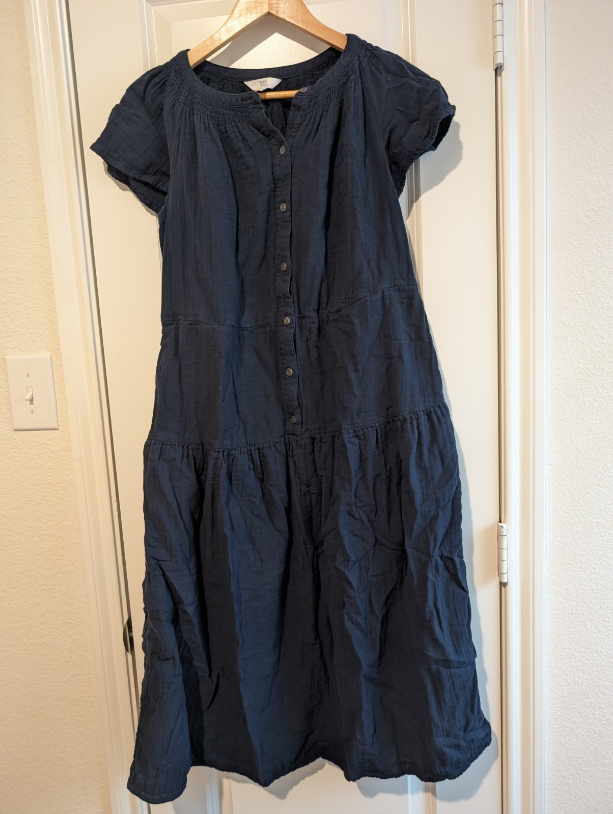 Womens M Maxi Dress Navy Tiered Soft Gauze Cottagecore Prairie Peasant Pockets