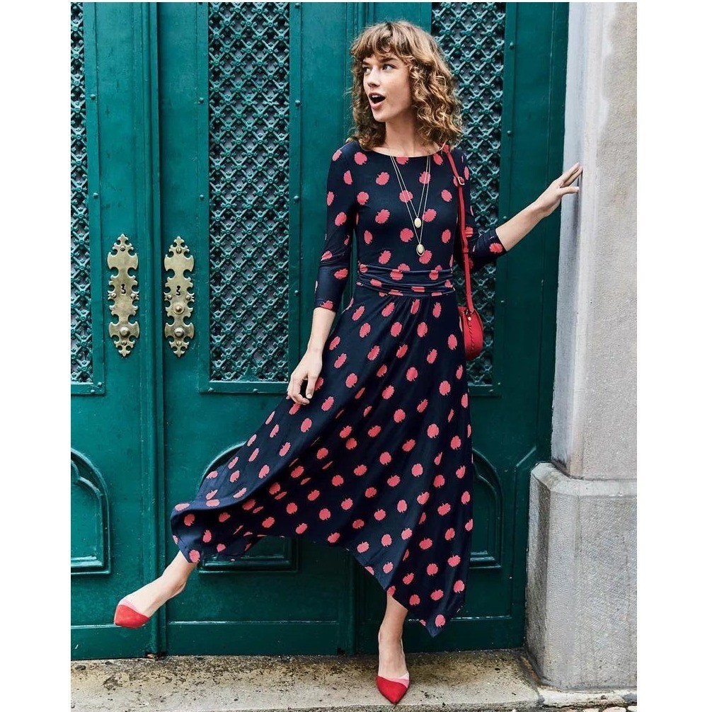 Boden Maisie Jersey Fit Flare Midi Dress Handkerchief Hem Size 10R 3/4 Sleeves