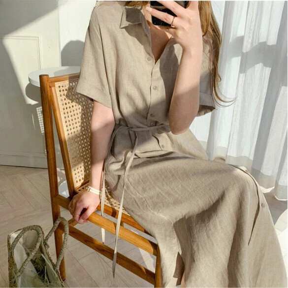 Lady Summer Casual Button-Down Shirt Dress Cotton Linen Long Tunic Beach Kaftan