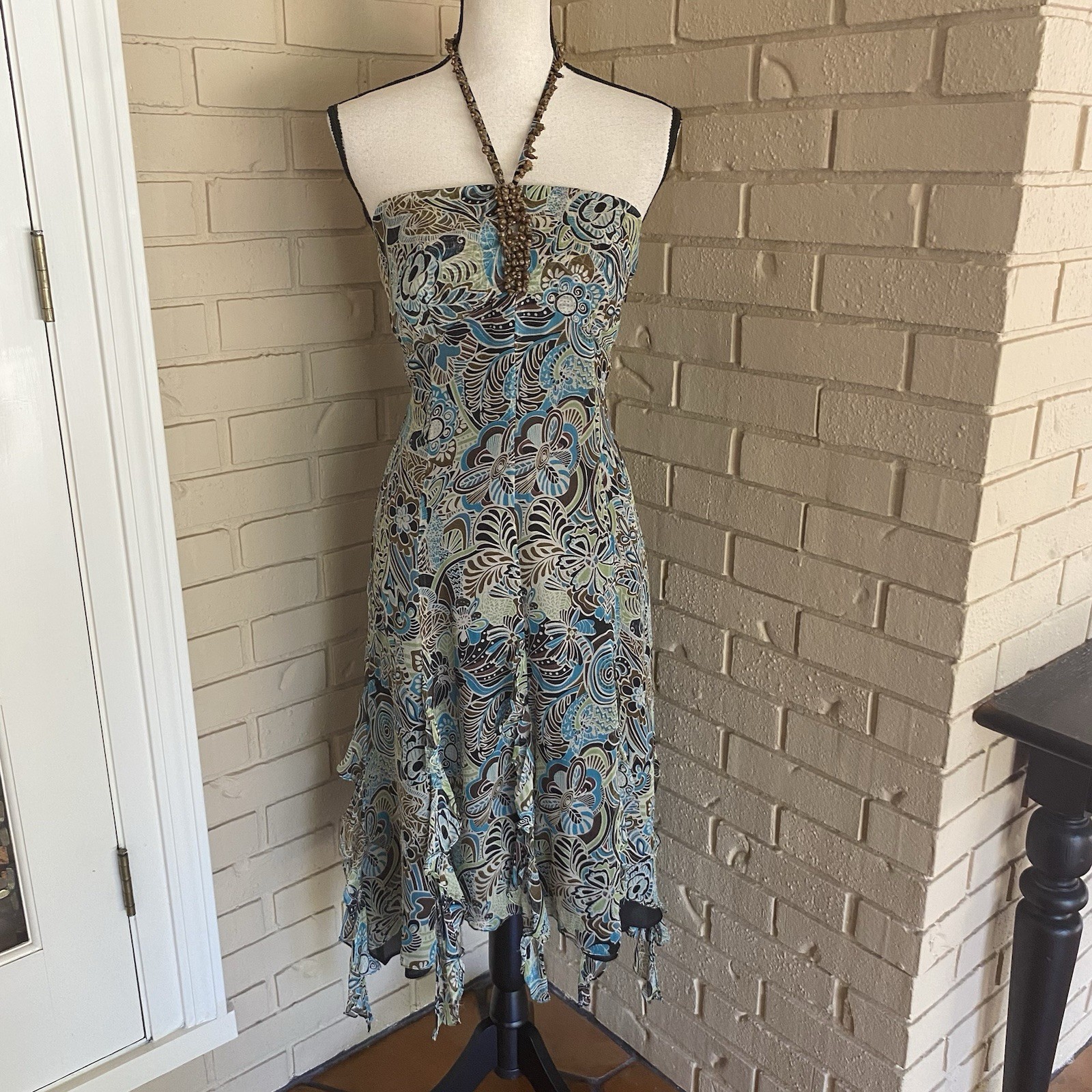Vintage 90s Y2K 100% Silk Beaded Fairycore Hoco Dress Halter Handkerchief Hem 6