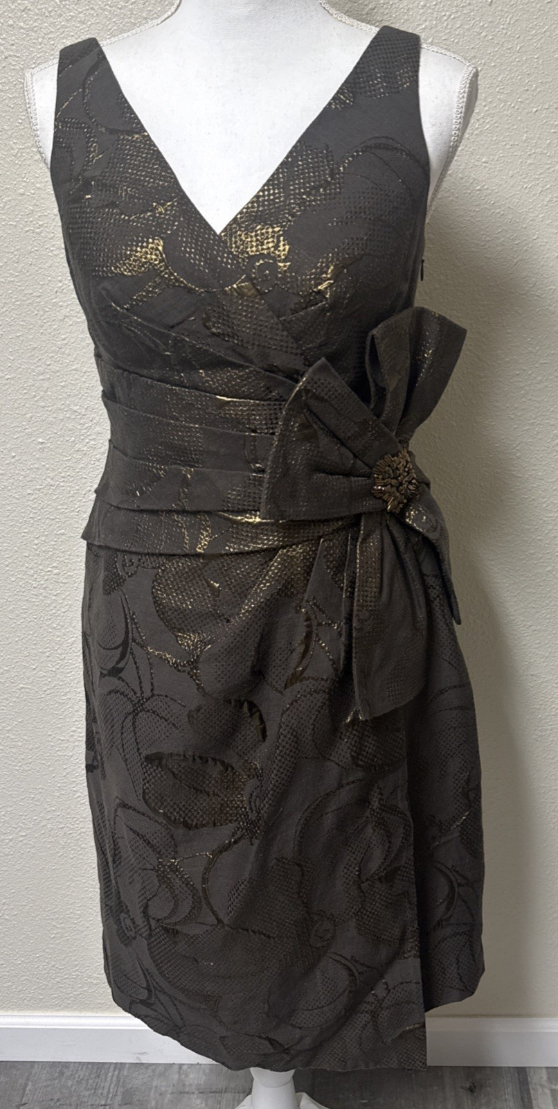 Kay Unger Cocktail Dress Metallic Floral Jacquard Ruching Dramatic Bow Beaded 6