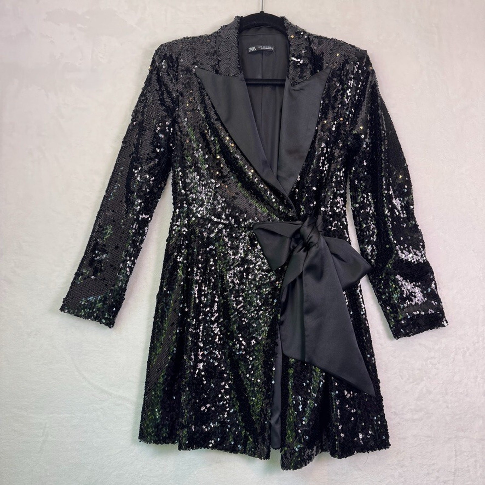 Zara Black Sequin Tuxedo Dress Blazer Bow Front Medium M Party Cocktail Glam