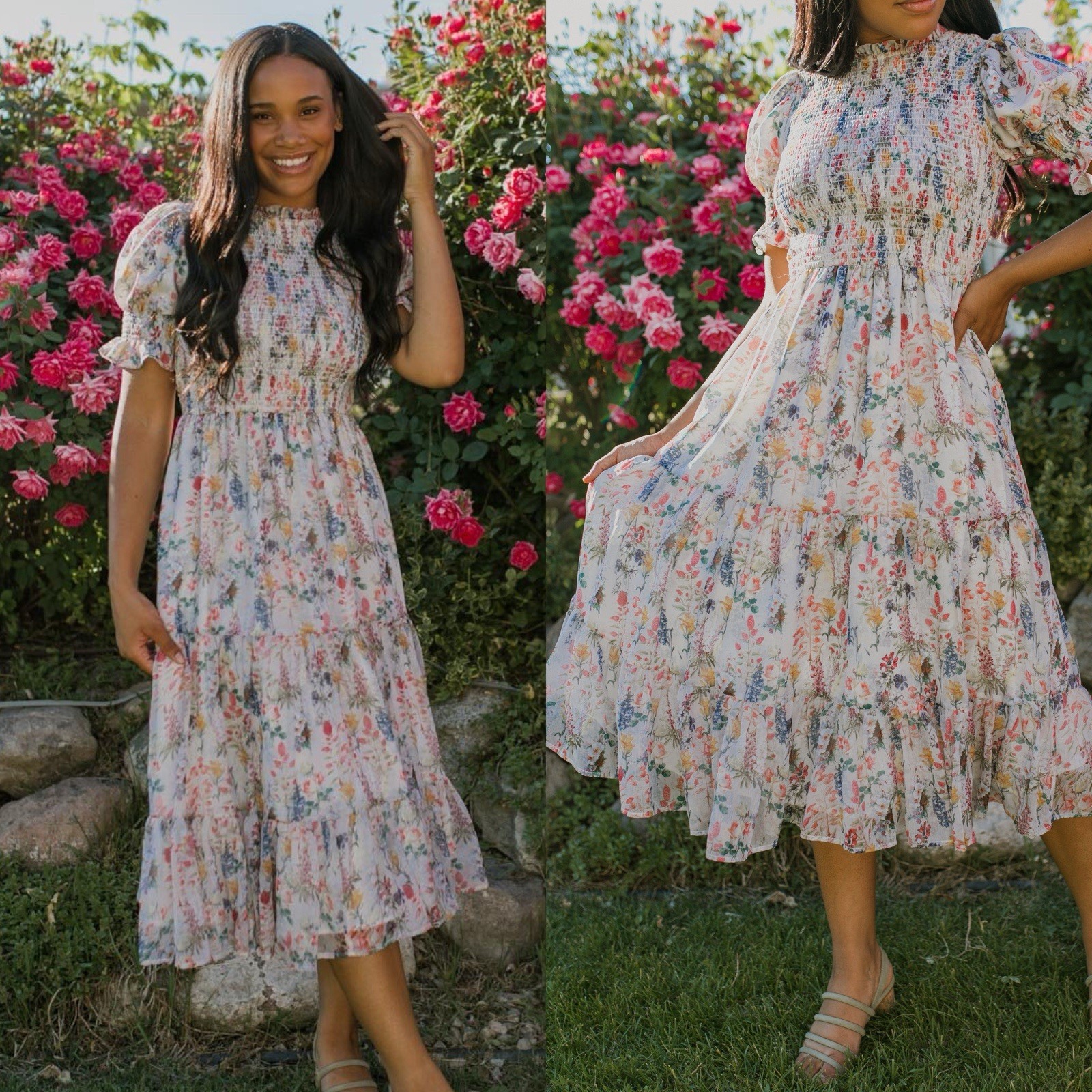 Ivy City Co Sz XXL Cordelia Multicolor Floral Smocked Puff Sleeve Midi Dress
