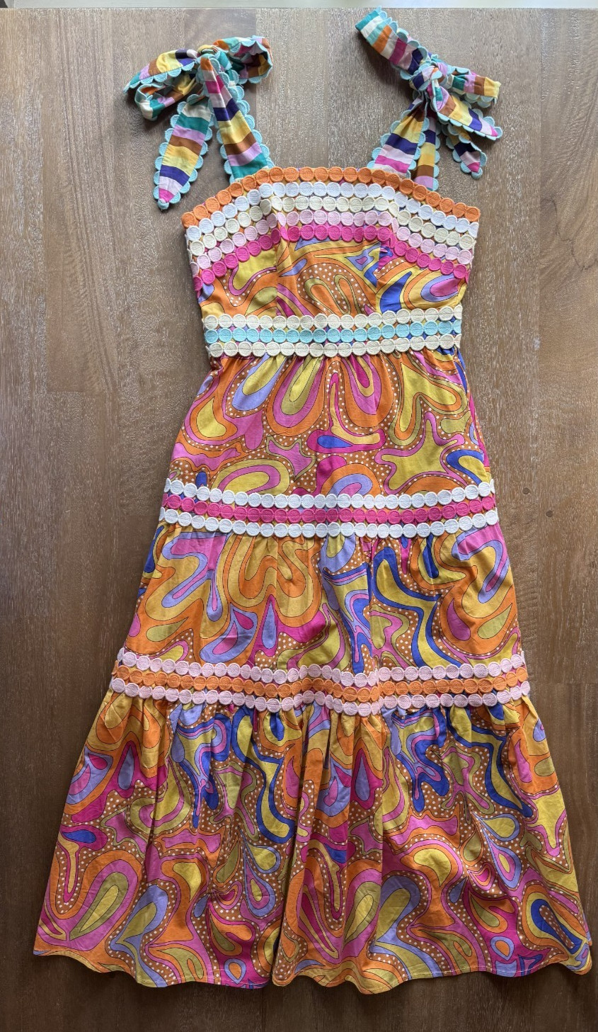 Celia B Magnolia Colorful Midi Length Embroidered Dress Self-Tie Straps Groovy S