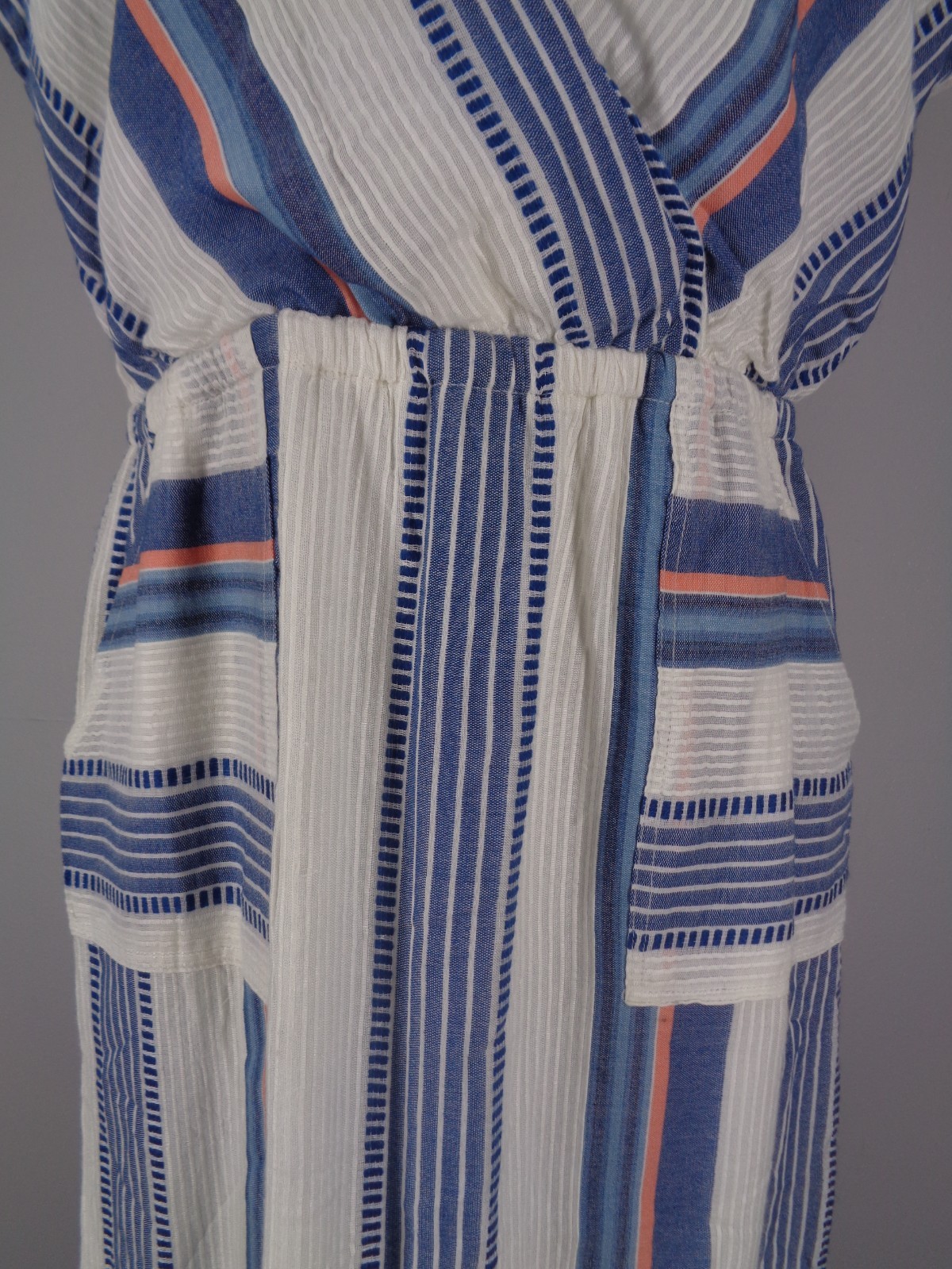 THML Stripe Pom Pom Tie Neck Dress Size Small White Blue Coral