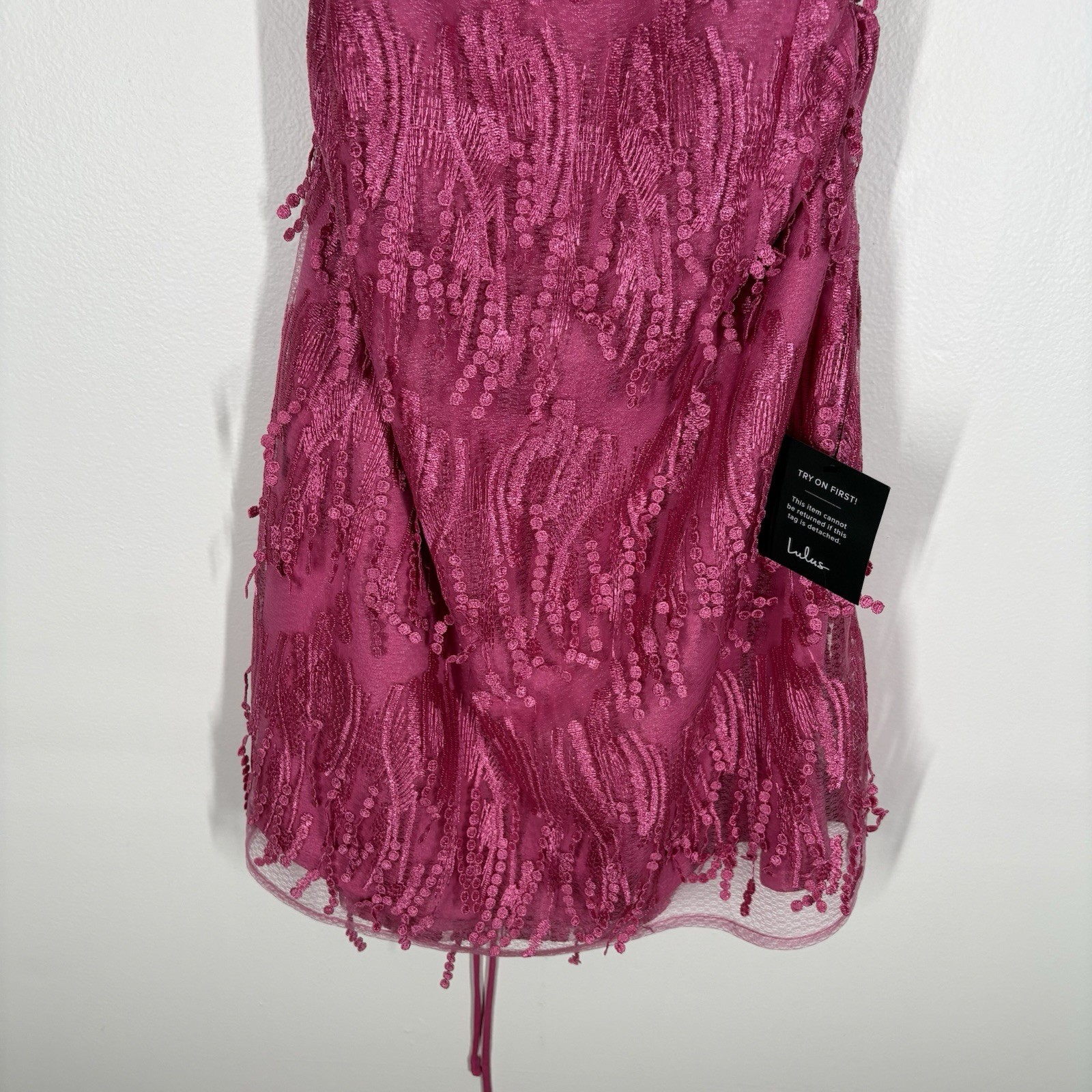 Lulus Women XL Making Magic Bright Pink Fringe Lace-Up Mini Dress NWT
