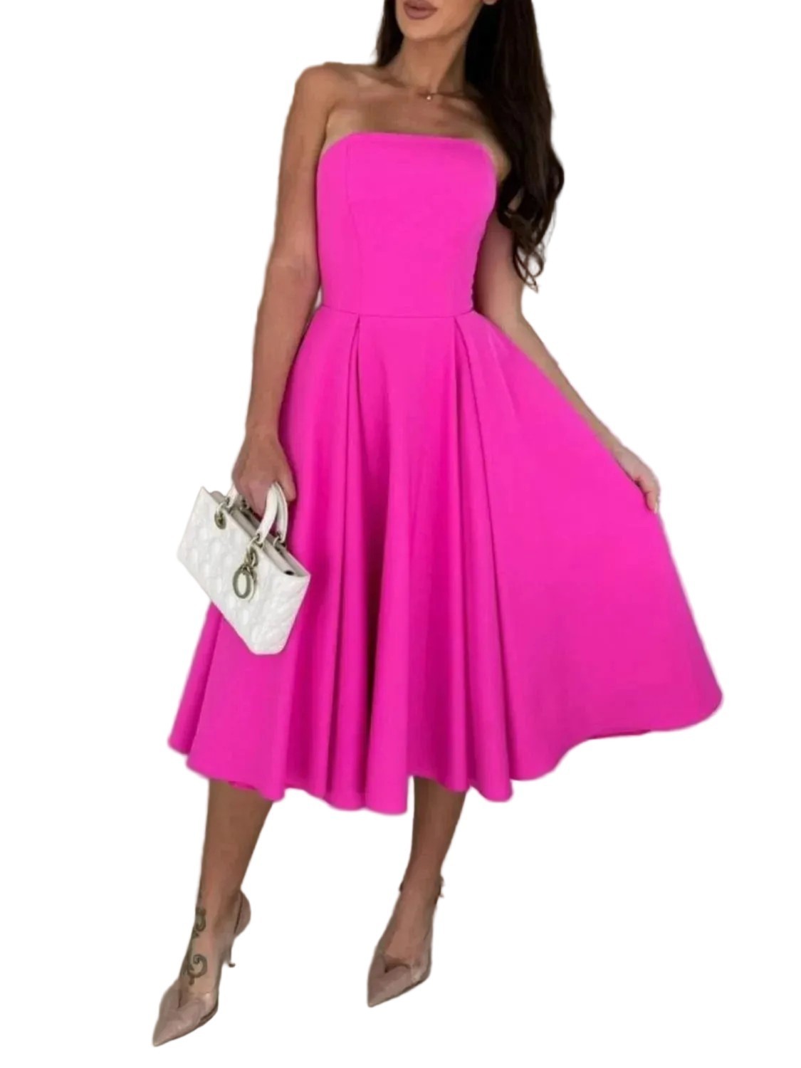 Women’s Hot Pink Strapless Fit Flare Midi Dress Size XL Party Cocktail