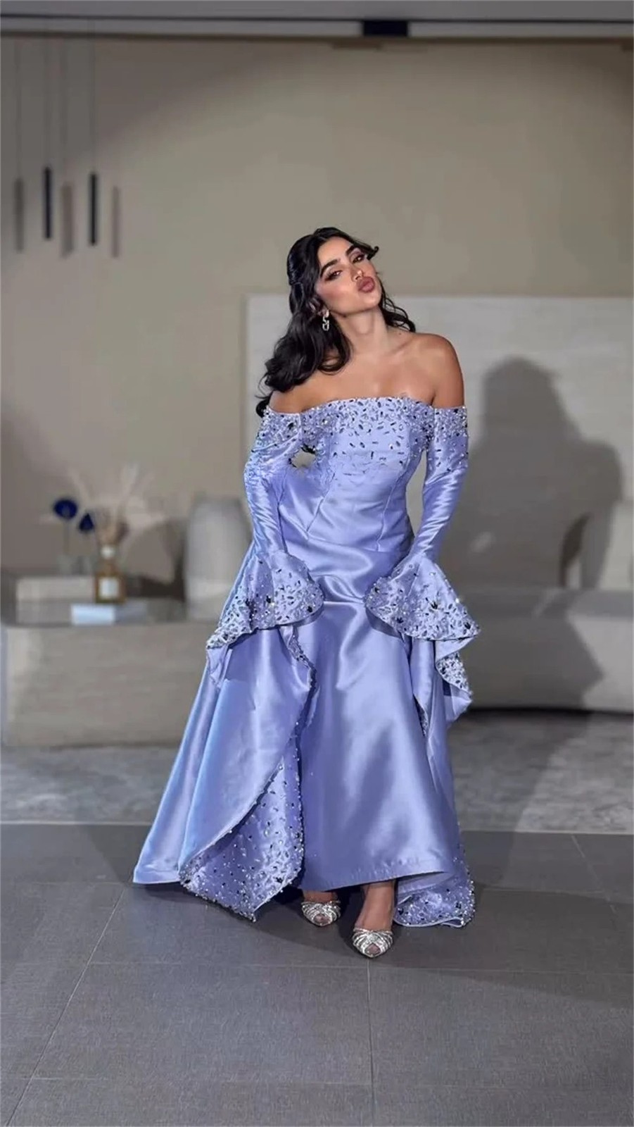 Matching Rhinestone Beading Sequined Straight Off-the-shoulder Long Dresses