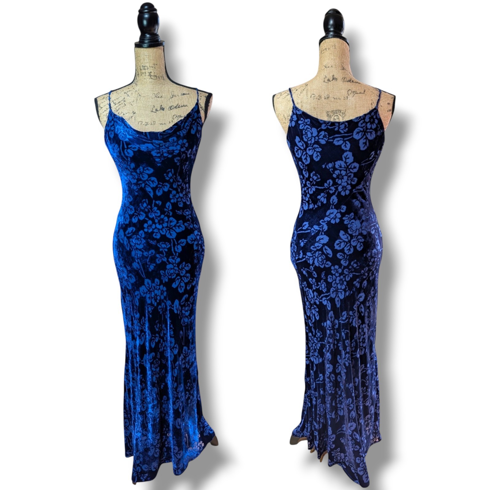 Early 90s Monsoon Sapphire Long Velvet Floral Devore Dress UK 6/8 (US 4)