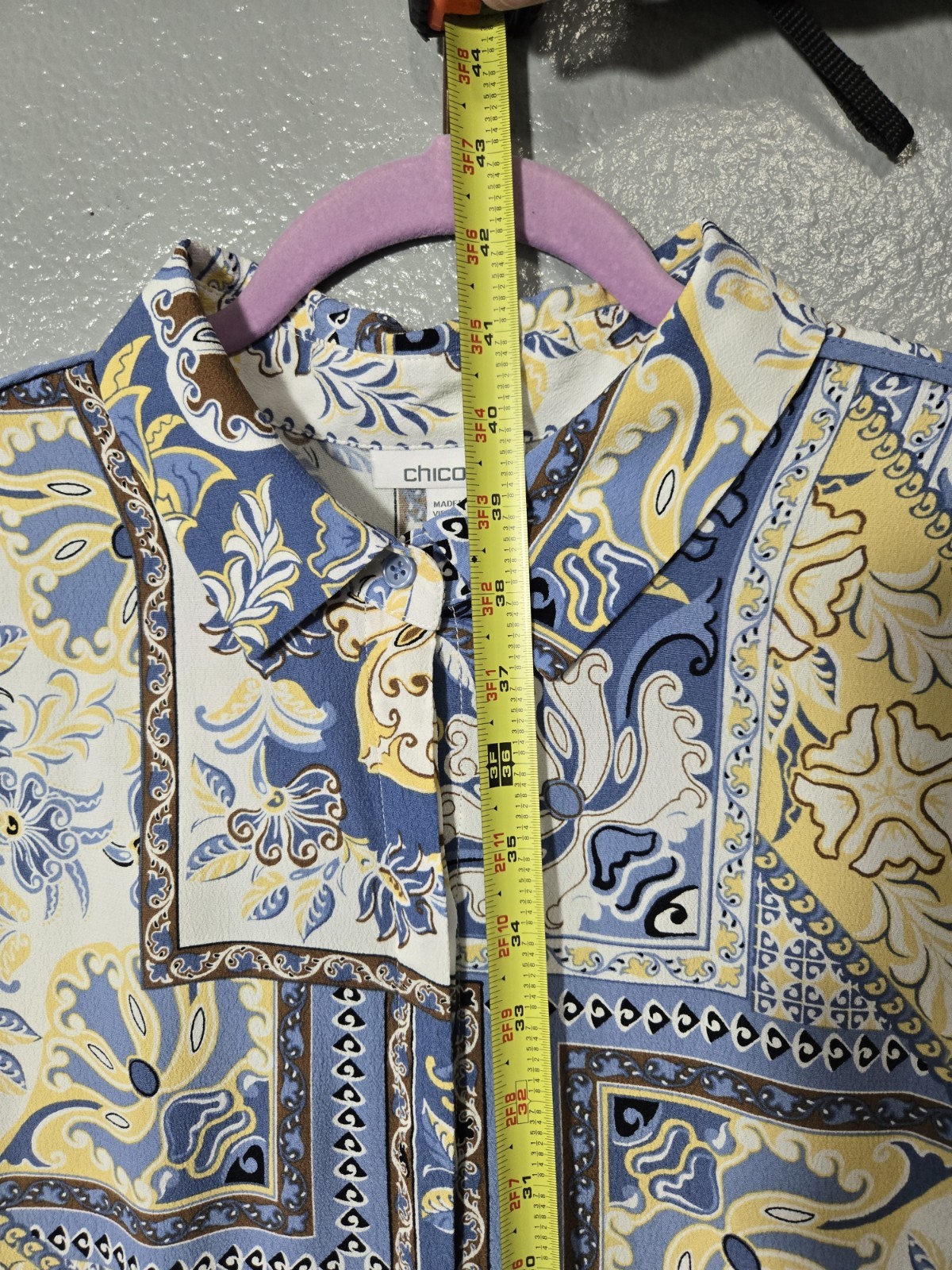 Chicos Floral Patchwork Knee Length Shirt Dress Blue White &Yellow Boho Chic