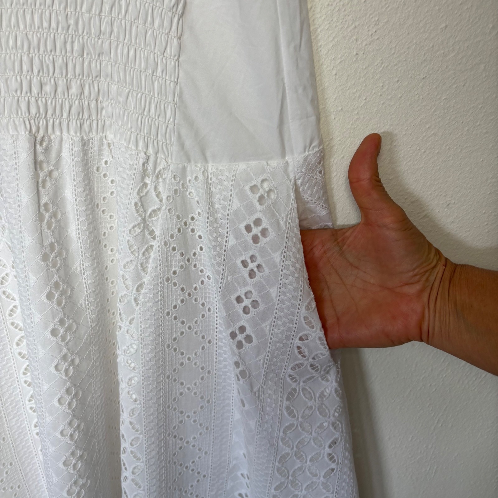 Thakoon white Eyelet Combo Trapeze long Dress Size 2 NWT smocked waist summer