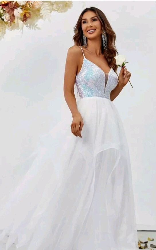 FAERIESTY womens white sequin embellished lace back ballgown dress size 12 prom