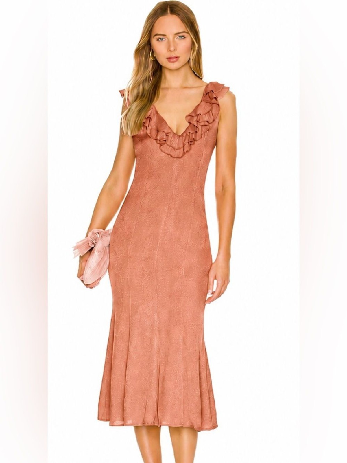 Romantic Cottagecore Ruffle Lovers + Friends Midi Dress Shimmer Jacquard Clay S