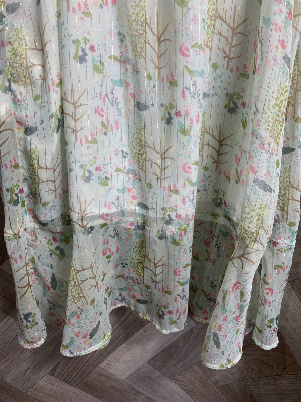 Oliver Bonas Sheer Floaty Leaf Print Midi Dress Ruffle Metallic Detail Size 16