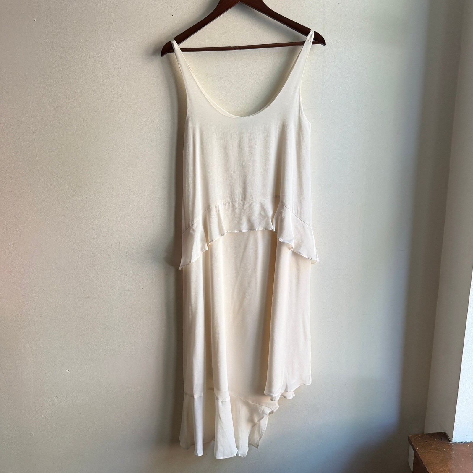 Greek Goddess Silk Midi Dress Tiered Ruffle Asymmetric Cream XS Catherine Gee
